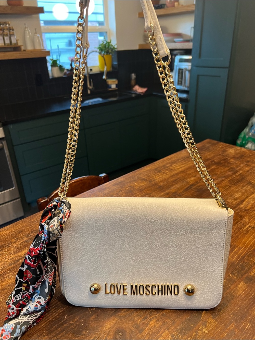 Love Moschino Cream Crossbody with Gold Chain and Logo